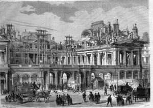 Rekonstruktionsarbeten av det kungliga palatset (Palais-Royal) i Paris. Gravyr i "" L