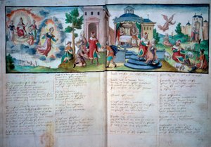 Religiös teater: "" Passion and Resurrection"" spelas i Valenciennes 1547. Manuskriptsida med akvarell, Paris, B.N. av Unknown artist