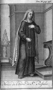 Religiös ordning. Novis av St. Rosalia-orden i Palermo på Sicilien på 1600-talet. I "" Historien om militära order eller riddare, om de säkra och rutinmässiga miliserna av båda könen, som har etablerats fram till nu. Upplagan hämtad från Abbe Gius av Unknown artist