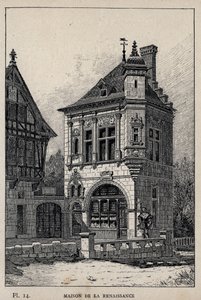 Renässanshus - gravyr från 1889 i "History of human habitation at the Universal Exhibition of 1889, by Mr Charles GARNIER - Librairie centrale des beaux-arts Paris 1889 av Unknown artist