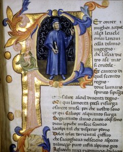 Representation i en brevskrift av poeten Dante Alighieri (1265 - 1321), 1300-tal i miniatyr. av Unknown artist