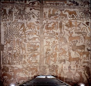 Representation av Alexander den store (356-323 f.Kr.), kung av Macedoine och erövrare av Persien, omger den indiska faunan under erövringen av Indien och den hellenistiska syndafloden till höger, till vänster byggandet av Babels torn. Trottoar av Pant av Unknown artist