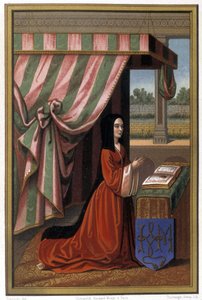 Representation av Anne de France känd som Anne de Beaujeu (1461-1522) i bön. Hon är dotter till Louis XI och Charlotte de Savoie. Kromolitografi efter belysning. av Unknown artist
