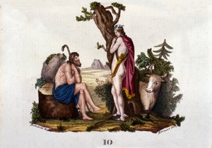 Representation av Argus och Io, förvandlad till ko av Merkurius. Tavlan hämtad från "" Mythology Dictionary "" 1888 av Unknown artist