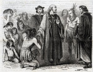 Representation av Bartolome de las Casas (1484-1566) dominikansk präst, missionär med indianerna” (Porträtt av Bartolome de las casas, dominikanermunk och indianernas beskyddare - gravyr från 1860 av Unknown artist