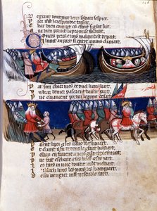 Representation av Karl den Store (742-814) under hans erövringar: han seglar upp på ett skepp och guidar ner sina arméer. Miniatyr från det fransk-italienska manuskriptet “” Entreée d