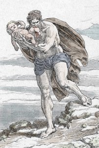 Framställning av Cronos (Kronos) som slukar ett av sina barn (Cronus devouring one of his children) Gravyr ur "Mina vackra mytologiska berättelser" av HS Bres, början av 1900-talet privat samling av Unknown Artist