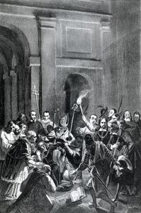Representation av en exorcismscen. 1800-talsillustration. av Unknown artist