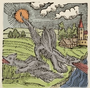 Representation av basilikerna under flygning brinnande vetefält. Gravyr från "Prodigiorum ac ostentorum chronicon" av Conrad Lycosthenes (1518-1561). 1557. av Unknown artist