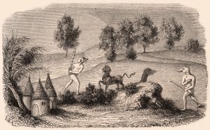 Representation av medeltida stammar och djurarter: två Cynocephalus kämpande monster av Unknown