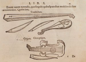 Representation av stråkinstrument och bågskytt. Sidan hämtad från Musurgias praktiska manual för musik av Unknown artist