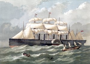 Representation av det brittiska fartyget Great Eastern, första gigantiska liner, invigt 1858 designat av Isambard Kingdom Brunel (Great eastern iron sailing steam ship designed by Isambard Kingdom Brunel) - 1800-talet av Unknown artist