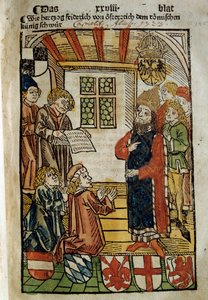 Representation av konciliet i Konstanz (1414-1418), sammankallat av kejsar Sigismund I och motpåven Johannes XXIII. Han satte stopp för den stora schismen i väst. Miniatyr av 1414. Paris. polska biblioteket av Unknown artist