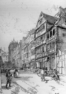 Representation av den judiska gatan i Frankfurt, födelseplatsen för familjen Rothschild. Gravyr i ""The Illustrous World"" av Unknown artist