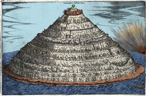Representation av skärselden efter den gudomliga komedin av Dante Alighieri (1265-1321): det jordiska paradiset är på toppen. Anonym gravyr från 1600-talet av Unknown artist