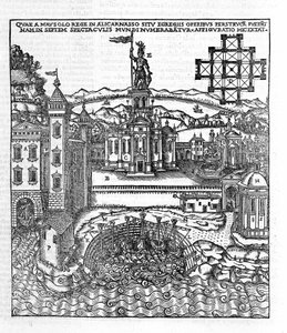 Representation av antikens sju underverk: Mausolee of Halikarnassus som låg vid Egeiska havet i sydvästra Turkiet. Gravyr i "" de Architectura""" av Vitruva (1:a århundradet f.Kr.) - upplaga av Gottardo da Ponte, Come av Unknown artist