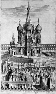 Representation av Treenighetskyrkan i Moskva i en gravyr från 1600-talet. av Unknown artist