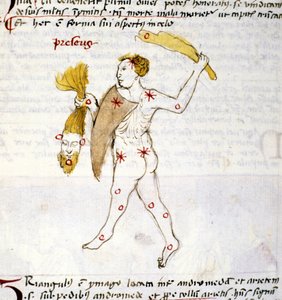 Representation av stjärnbilden Bouvier (Botes) Jägaren Botes håller Berenices hår i sin hand. Miniatyr från "Astronomica" av Biasino da Parma (Blaise de Parma) (1425-1457) av Unknown artist