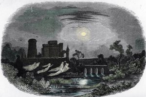 Representation av spökena från Blandys forntida herrar som flyger runt slottets väggar, Blandy-les-Tours, Seine och Marne (spöken som hemsöker slottet Blandy les Tours, Seine och Marne) Gravyr från "Mysteres des vieux chateaux de" Frankrike”” av Unknown artist