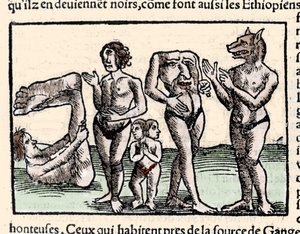 Representation av monster som beskrivs av Amerigo Vespucci (1451-1512): från vänster till höger: en manopod, en cyklop, en man med två huvuden, en man utan huvud och en man med ett hundhuvud eller cynocephalus. Xilografi hämtad från Sebastien Munsters "Uni av Unknown artist