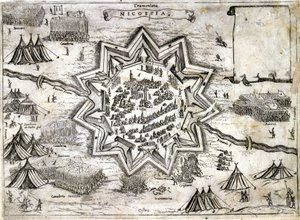 Representation av belägringen av Nicosia på ön Cypern 1191 under det 3:e korståget av Richard Lion Heart. 1500-talet. av Unknown artist
