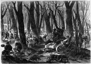 Restaureringsarbeten i Tuilerierna i Paris. Gravyr i "" L