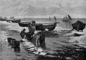 Återkomst av fiskarna under strejken vid Belle Isle (Belle-Isle) i Bretagne. Gravyr i "" Le Journal de la jeunesse"" av Unknown artist