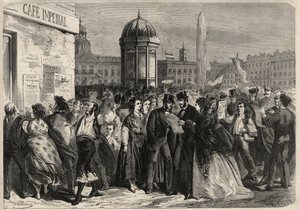 Septemberrevolutionen 1868 i Spanien (Gloriosa): läsning av juntans manifest på gatan i Alcala i Madrid. Gravyr i "" L
