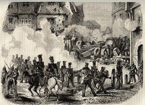 Revolutioner 1848 - 1849, Tyskland, Frankfurt - Trupper stormar en barrikad i Frankfurt, Tyskland, den 18 september av Unknown artist