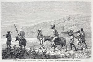 Richard Francis Burton, brittisk upptäcktsresande (1821-1890), och hans följeslagare i Afrika. Ritning som illustrerar artikeln "" Kapten Burtons resa till Afrikas stora sjöar 1857-59" - i "" Tour du Monde"", 2:a terminen. 1860 av Unknown artist