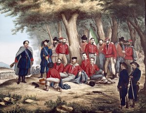 Risorgimento: "den italienske patrioten Giuseppe Garibaldi (1807-1882) sårar i Aspromonte, den 29/08/1862 transporteras av soldater" (målning) av Unknown artist