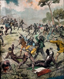 Risorgimento: "" den italienske revolutionären Carlo Pisacane (1818-1857) stormas av bönder i Sapri den 28/06/1857"" Gravyr Privat samling av Unknown artist