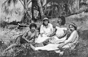 Robert Louis Stevenson (1850 - 1894) med sin fru i Samoa där han lät publicera sin bostad i Vailima. Gravyr omkring 1890-1895. av Unknown artist