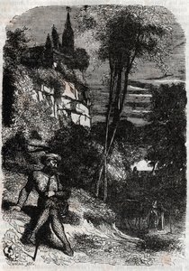 Rodomont, Isabella och den gamle eremiten - 1851 gravyr från "" Furious Roland"" (Orlando furioso) (1500-talet) av Ludovico Ariosto, känd som Ariosto - Edition översatt från italienska av greven av Tressan och publicerad av Gustave Harvard 1851 av Unknown artist