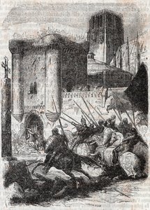 Rodomont slår sönder dörrarna till Palais i Paris - gravyr från 1851 från "" Roland furieux"" (Orlando furioso) (1500-talet) av Ludovico Ariosto, känd som Arioste - Upplaga översatt från italienska av greven av Tressan och utgiven av Gustave Harv av Unknown artist