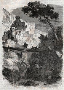 Rodomont besegrad av Bradamante - gravyr från 1851 från "" Furious Roland"" (Orlando furioso) (1500-talet) av Ludovico Ariosto, känd som Ariosto - Edition översatt från italienska av greven av Tressan och publicerad av Gustave Harvard 1851 av Unknown artist