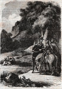 Roger (Ruggero, Ruggiero), Marphise (Marfisa) och de tre kvinnorna - gravyr från 1851 från "" Roland furieux"" (Orlando furioso) (1500-talet) av Ludovico Ariosto, kallad Ariosto - Upplaga översatt från italienska av greven av Tressan och publicerad av av Unknown artist