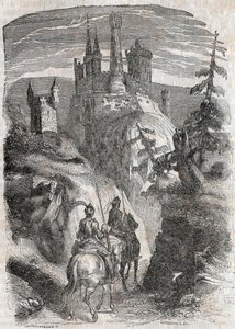 Roger (Ruggero, Ruggiero) och Richardet ser slottet Aigremont - gravyr från 1851 från "" Roland furieux"" (1500-talet) av Ludovico Ariosto, känd som Ariosta - Edition översatt från italienska av greven av Tressan och publ. av Unknown artist
