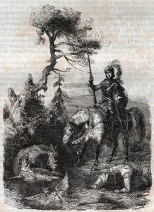 Roger (Ruggero, Ruggiero) använder sig av den förtrollande skölden - gravyr från 1851 från "" Furious Roland"" (Orlando furioso) (1500-talet) av Ludovico Ariosto, känd som Ariosta - Edition översatt från italienska av greven av Tressan och publicerad av av Unknown artist