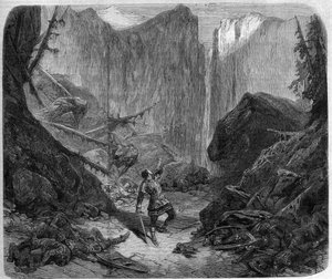 Roland blåser i sitt horn i slaget vid Roncesvaux den 15 augusti 778. Teckning av Alphonse de Neuville (1836-1885) för operan "Roland a Roncesvaux" (akt IV, scen 1) av Auguste Mermet (1810-1889). Paris, Theatre imperial de l