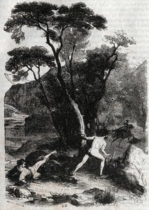 Roland förföljer Angelique (Angelica) - gravyr från 1851 från "" Furious Roland"" (Orlando furioso) (1500-talet) av Ludovico Ariosto, känd som Ariosto - Edition översatt från italienska av greven av Tressan och publicerad av Gustave Harvard 1851 av Unknown artist