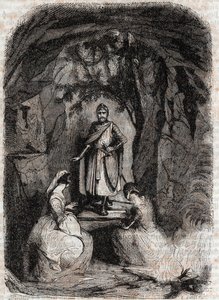 Roland ser Isabelle i en grotta - gravyr från 1851 från "" Furious Roland"" (Orlando furioso) (1500-talet) av Ludovico Ariosto, känd som Ariosta - Edition översatt från italienska av greven av Tressan och publicerad av Gustave Harvard 1851 av Unknown artist