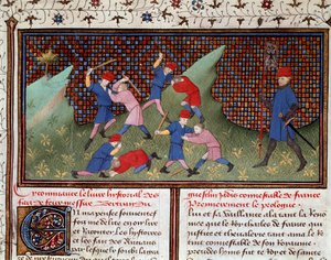 Roman av Ogier den danske: striden med handen och med miniatyrstaven hämtad från "" Chronicle of Bertrand du Guesclin"" (Ms 490) 1405 Musee Conde, Chantilly av Unknown artist