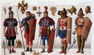 Romerska gladiatorkostymer och krigare. 1800-talets kromolitografi. av Unknown artist