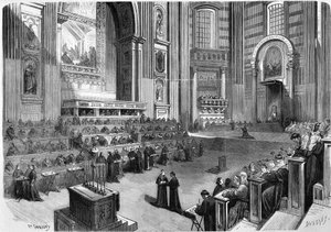Rom 1869, första mötet i det ekumeniska rådet 1869 som hölls den 9 december i den högra delen av tvärskeppet i St. Peterskyrkan. av Unknown artist