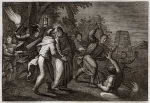 Royaumont Bibeln, Nya testamentet: arrestering av Jesus Kristus eller kyssen av Judas. Soldaterna kommer för att arrestera Kristus i Olivträdgården. St Peter skär av örat på en av dem. Illustration från 1811. av Unknown artist