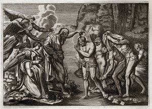 Royaumont Bibeln, Nya testamentet: Jesu Kristi dop. Johannes döparen döper Jesus Kristus i Jordanflodens vatten. Illustration från 1811. av Unknown artist