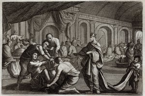 Royaumont Bibeln, Nya testamentet: Brudklänning. Liknelse om en kung som gjorde sin sons bröllop, från vilken han förkastade en man som inte hade brudklänningen. Illustration från 1811. av Unknown artist