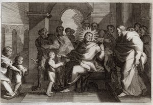 Royaumont Bibeln, Nya testamentet: Barnmodell av ödmjukhet. Jesus Kristus föreslår sina lärjungar ett barn som en förebild för den ödmjuke kristne. Illustration från 1811. av Unknown artist