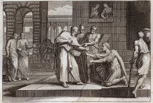 Royaumont Bibeln, Nya testamentet: Cornelius döper. Crow the centurion tar emot tron på Jesus Kristus och döps av St. Peter. Illustration från 1811. av Unknown artist